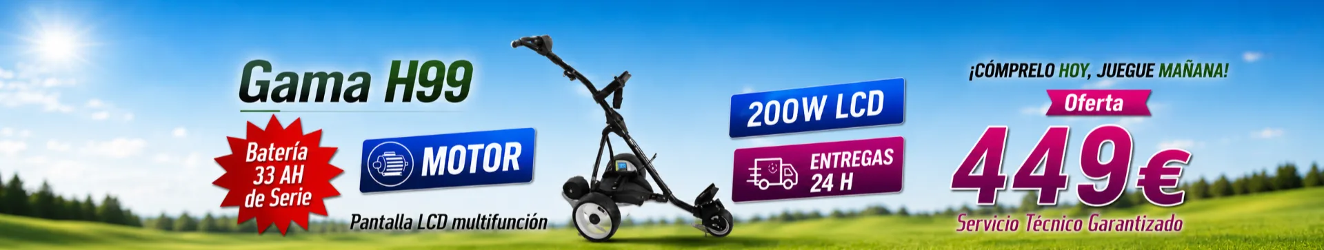 Oferta del carro de golf eléctrico H99 con batería AGM de 33 Ah, pantalla LCD y motor de 200 W