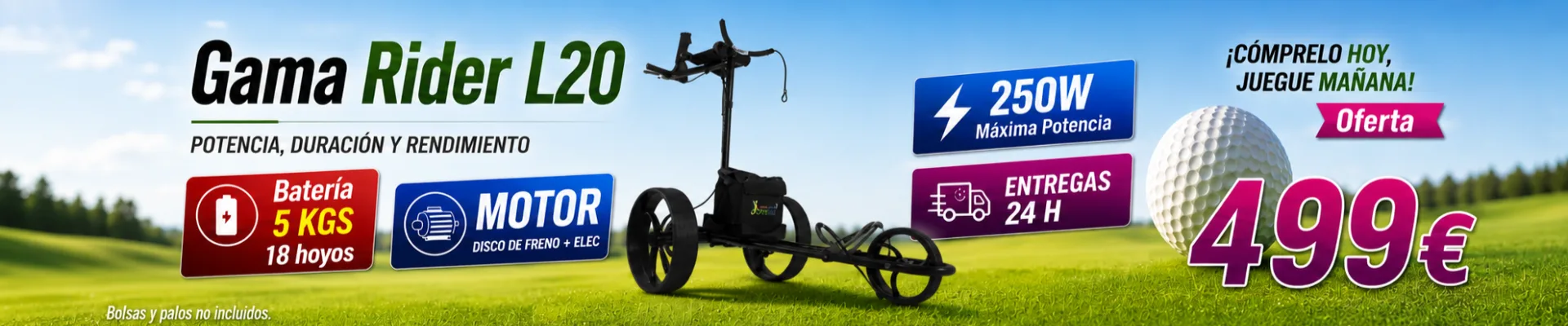 Oferta del carro de golf eléctrico R99L20 con batería GEL de 20 Ah, motor Linix de 250 W y freno manual