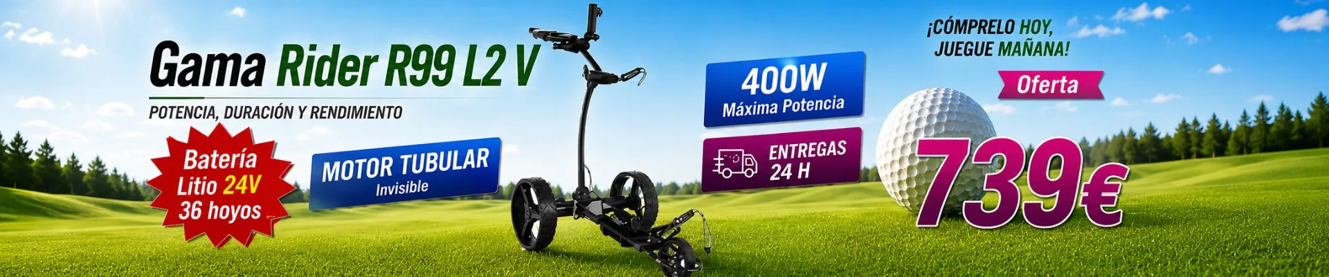 Oferta del carro de golf eléctrico R99 L2V Litio con batería de litio 24 V, motor de 400 W y freno