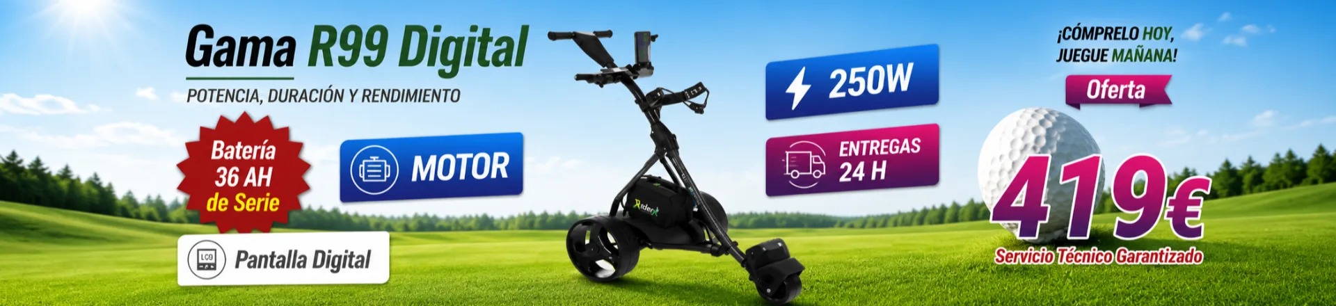 Oferta del carro de golf eléctrico R99 Digital con batería GEL de 36 Ah, motor de 250 W y pantalla digital