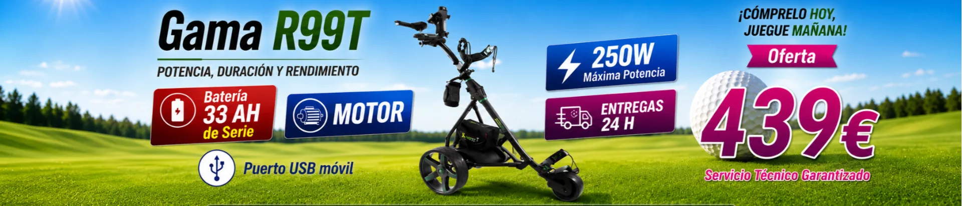 Oferta del carro de golf eléctrico R99T con batería GEL de 36 Ah, motor de 250 W y puerto USB