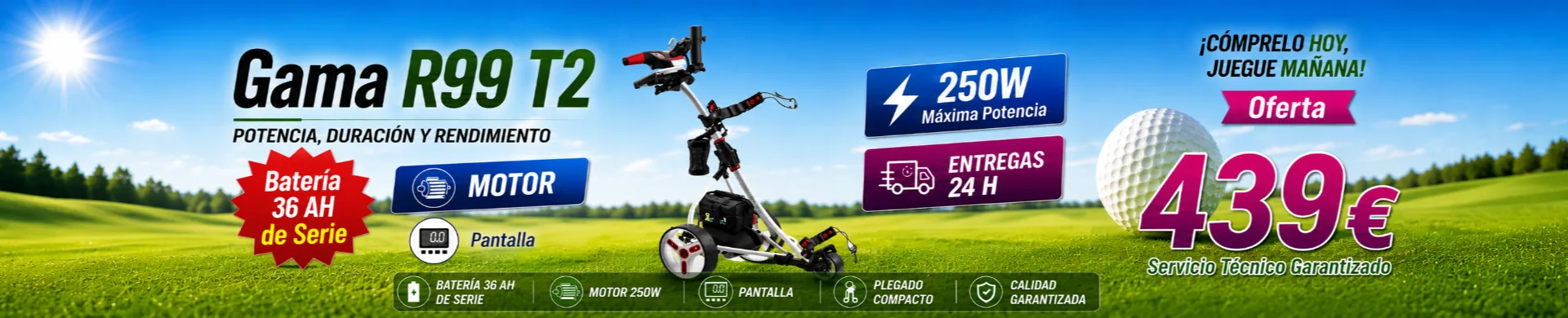 Oferta del carro de golf eléctrico R99T2 con batería GEL de 36 Ah y motor de 250 W