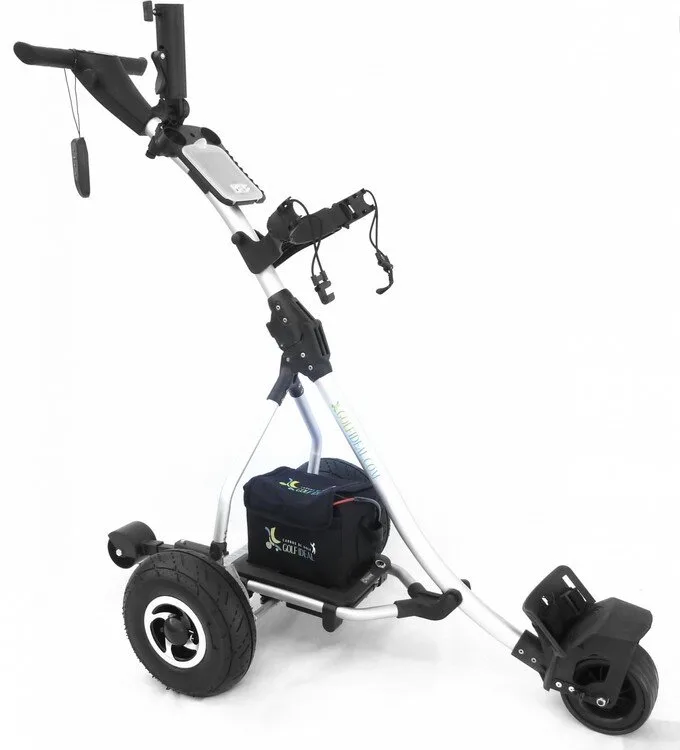 Carro de golf eléctrico teledirigido aluminio plegable Golfideal r99 cr sport con doble motor con batería de plomo gel 36 hoyos